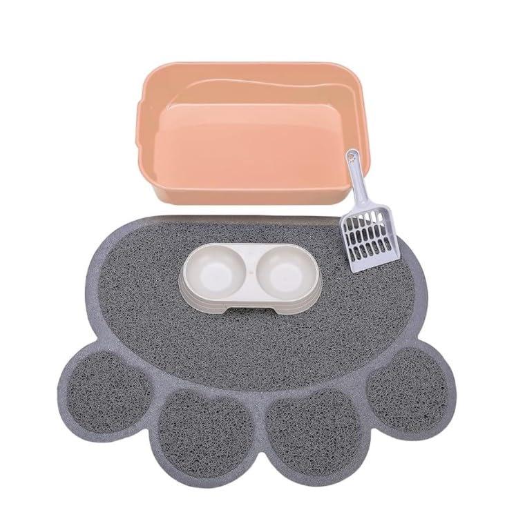 Kitty Litter Box Starter Kit - Small Cat Litter Pan Without Lid, Litter Mat, Scoop and Bowl for Kitten Within 3 Months (PinkScoop Set)