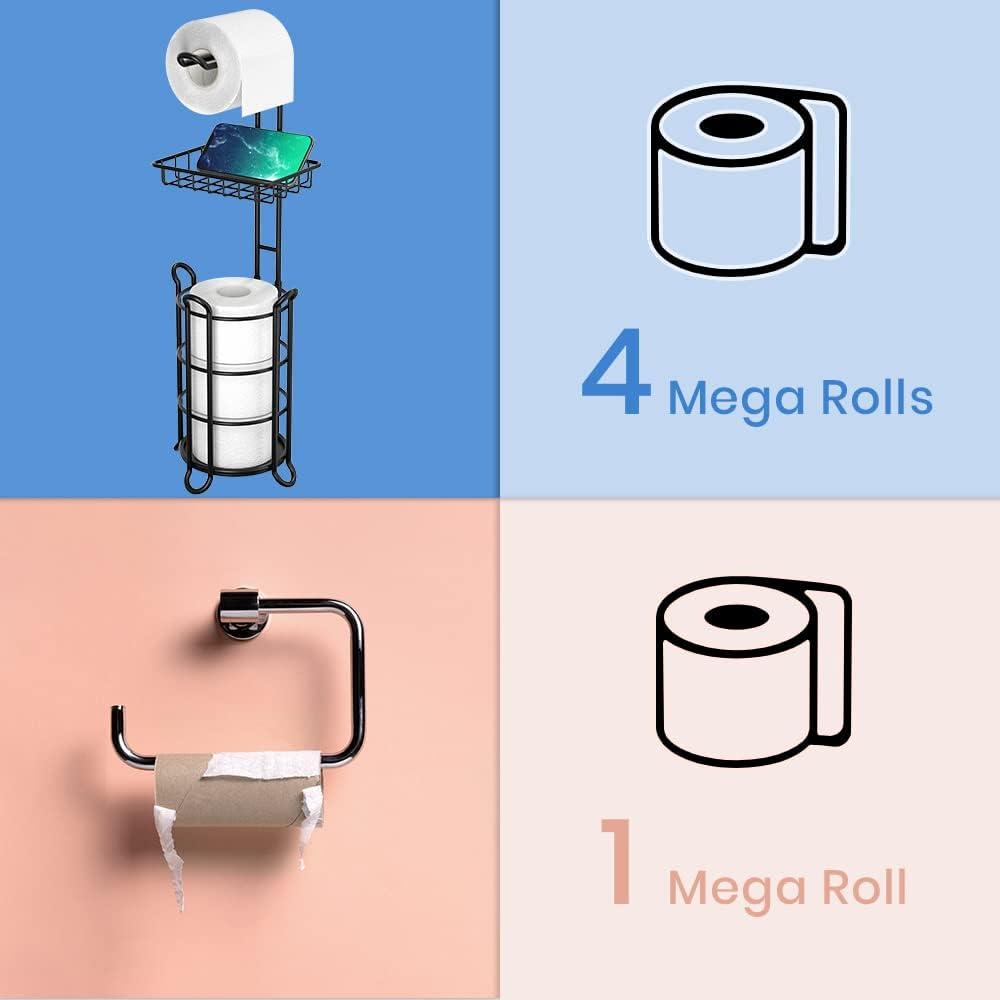 TreeLen Matte Black Bathroom Freestanding Toilet Paper Holder Tissue Roll Holder Stand with Shelf Storage Holds 4 Jumbo Rolls Phone and Wipes