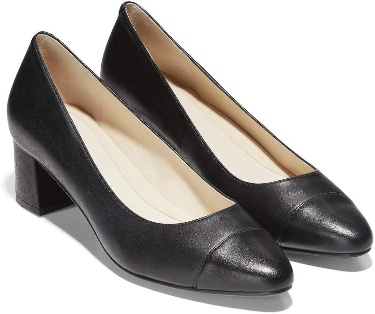 Black Genuine Leather Block Heel Formal Pumps