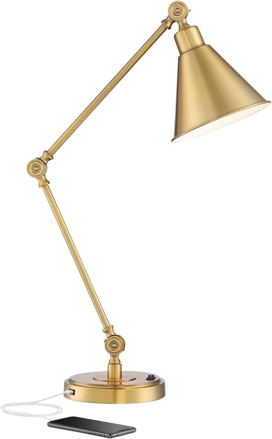 360 Lighting Wray Modern Desk Lamp 26 3/4" High Warm Brass Metal with USB Charging Port Adjustable Arm Head for Bedroom Living Room Bedside House Home