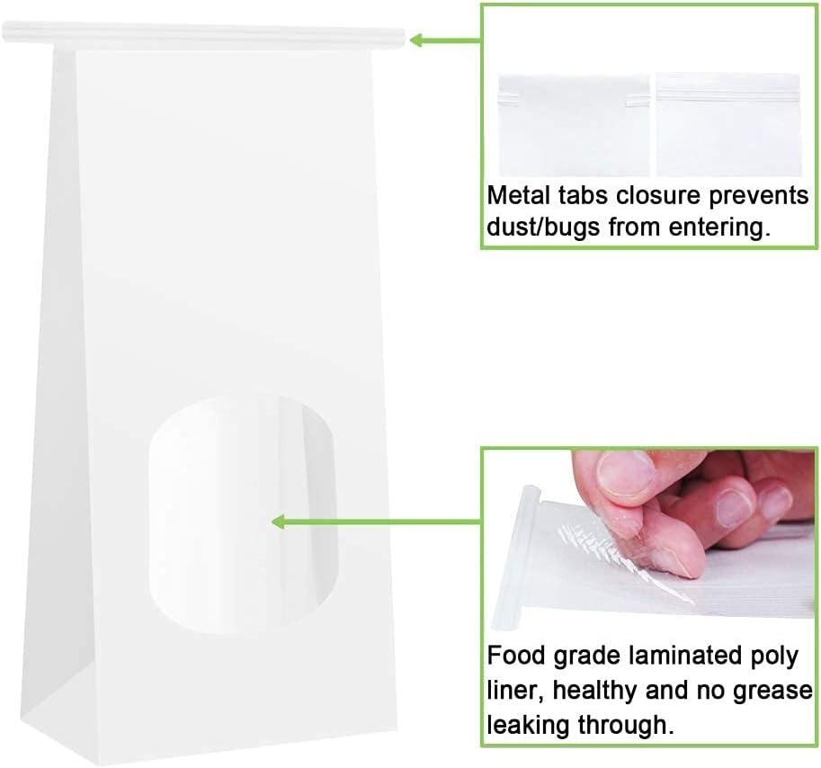 BagDream Bakery Bags with Window 100Pcs 4.5x2.36x9.6 Inches White Kraft Paper Bags with Window, Tin Tie Tab Lock, for Bakrery, Cookie, Coffee Bean, Snack