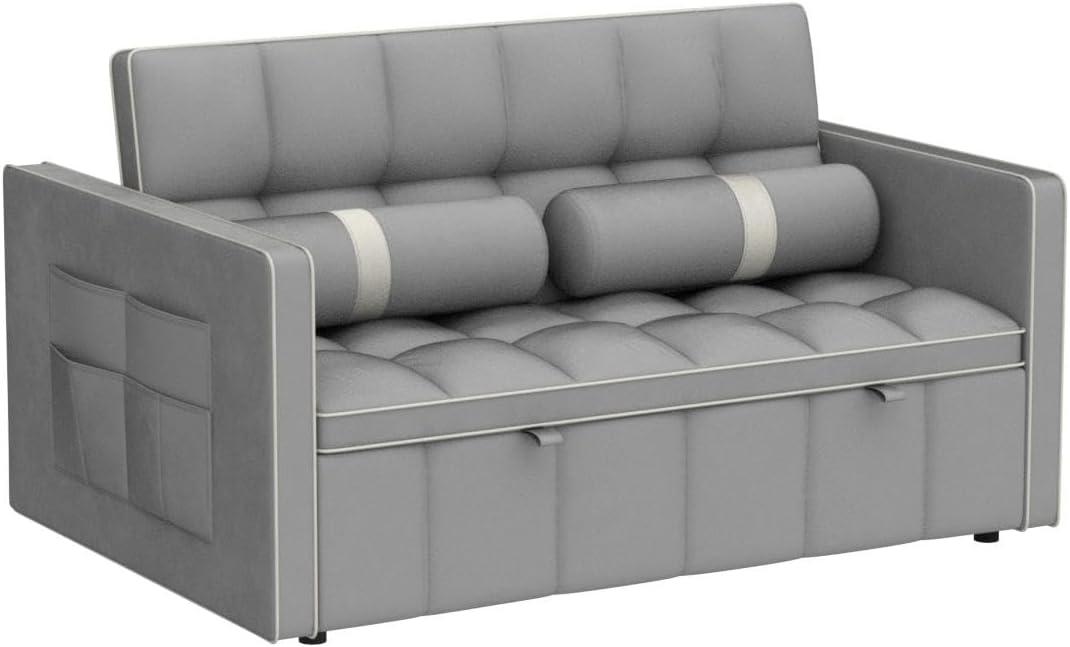 Yeahumalia 3 in 1 Convertible Velvet Loveseat Sleeper Futon Sofa Bed, Pull Out Couch with Side Table for Living Room, Bedroom, Grey