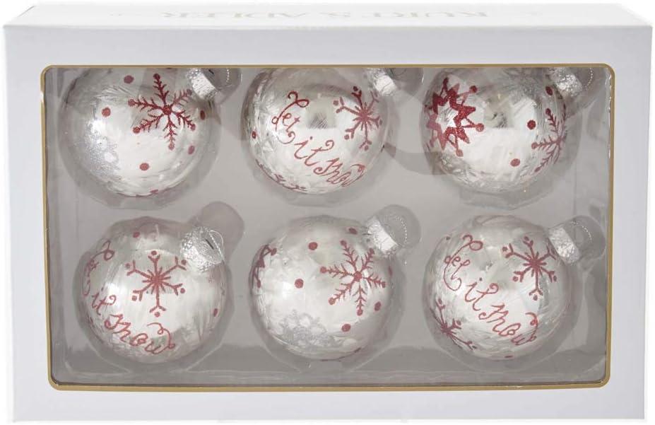 80MM Silver and Red Snowflake Glass Ball Ornaments, Set of 6