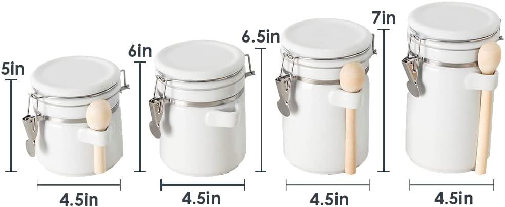 Canister Sets For The Kitchen (4 Piece Set) White, High Gloss Ceramic | By Home Basics | Decorative| With Wooden Spoons, Countertop Set For Flour, Sugar, Coffee, and Snacks