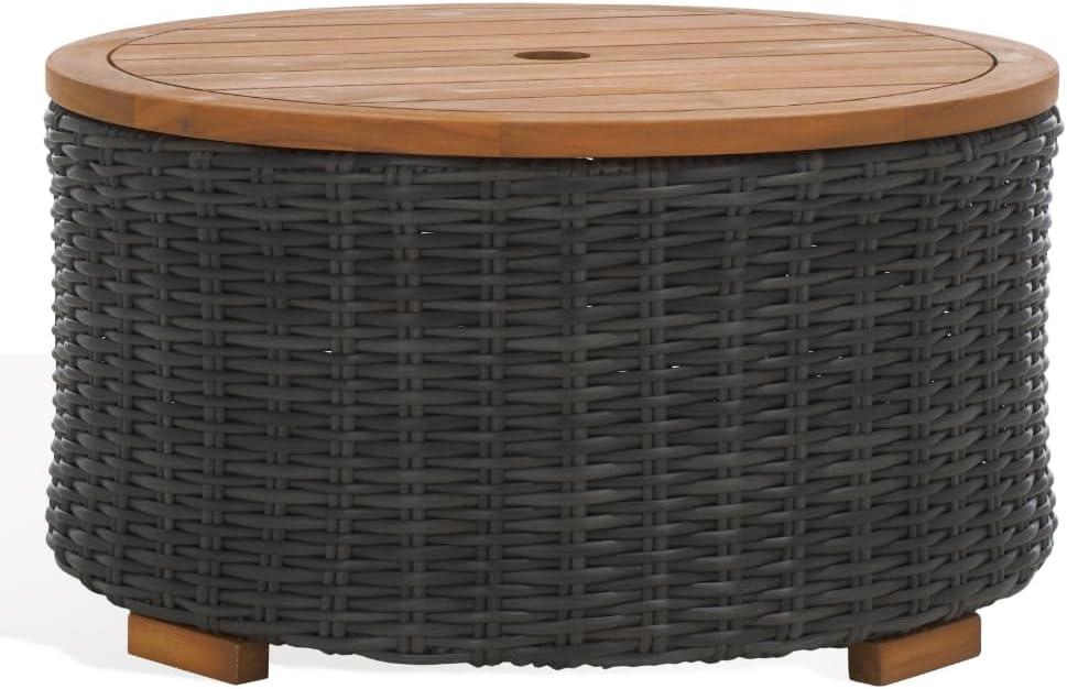 SAFAVIEH Couture Anguilla Outdoor Patio Round Wicker Coffee Table with Storage, Dark Grey