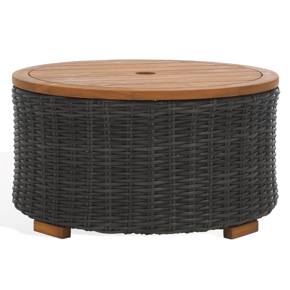 SAFAVIEH Couture Anguilla Outdoor Patio Round Wicker Coffee Table with Storage, Dark Grey