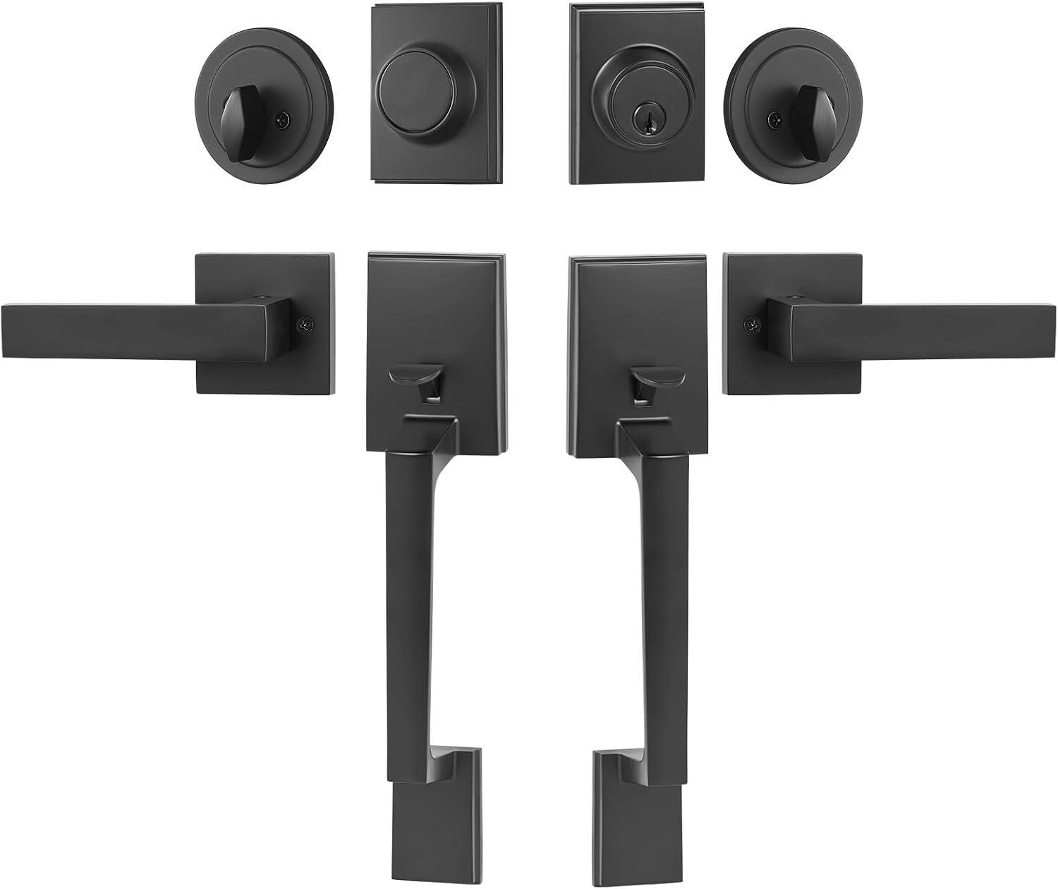 Double Door Handle Set, Matte Black Square Door Lever, Double Front Door Handle Set