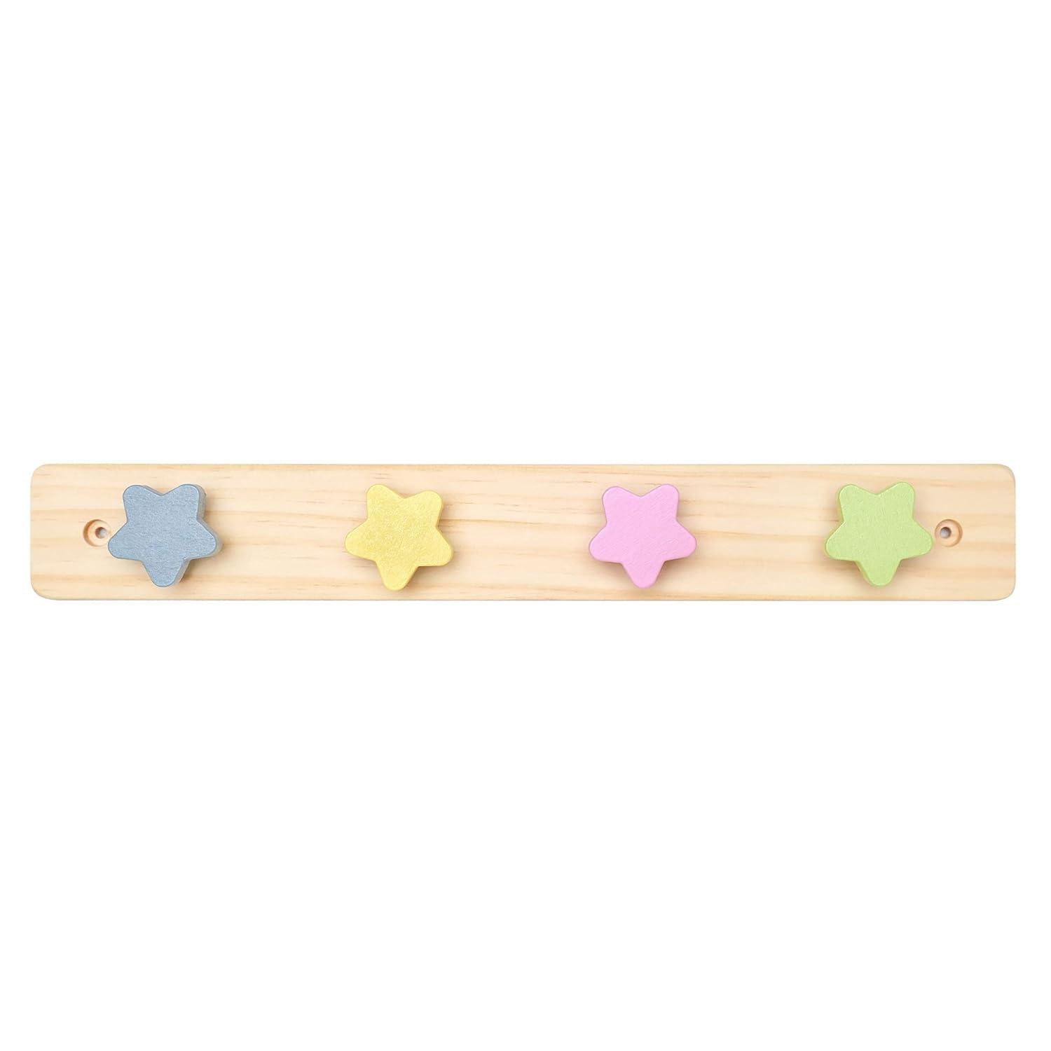 Natural Pine Star Shaped Kids Coat Rack with Colorful Hooks