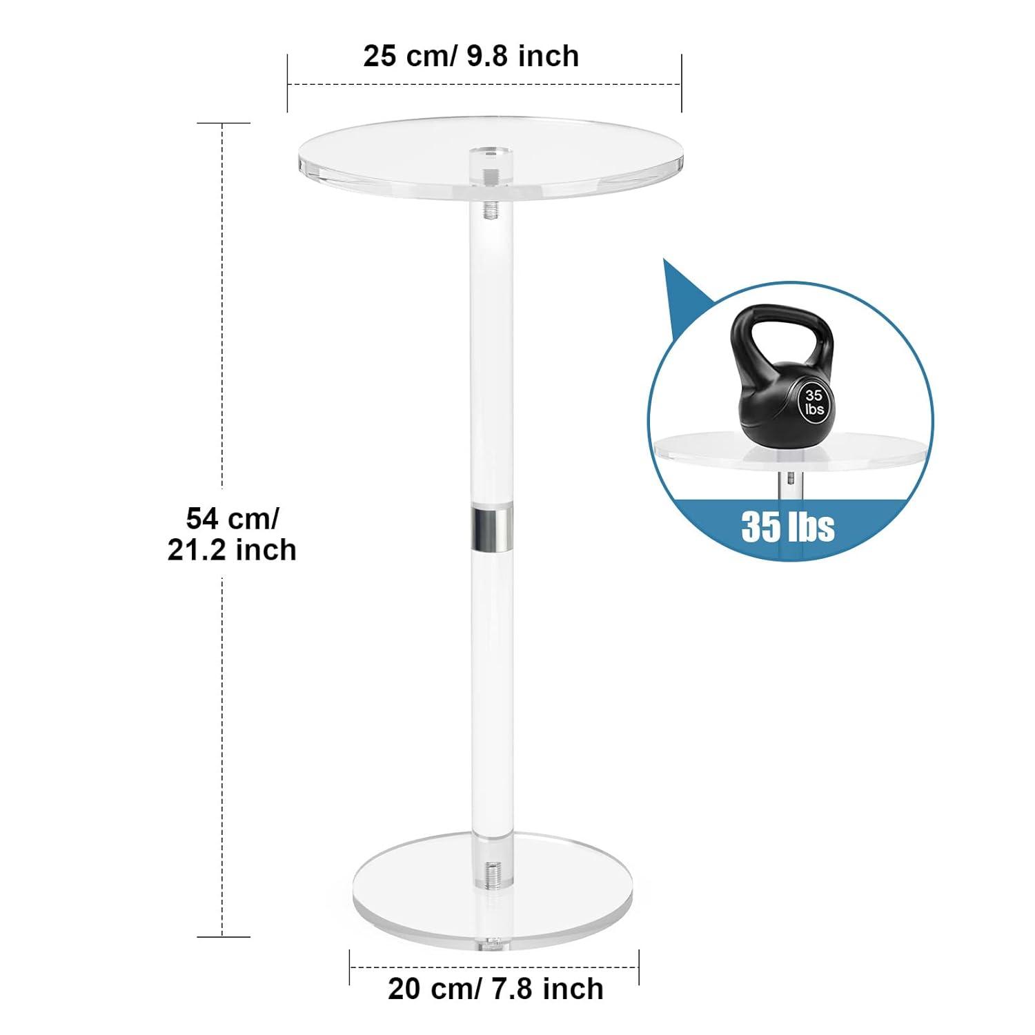Acrylic End Table, Clear Side Tables for Small Space, 9.8" Round Modern Drink Table for Living Room, Bedroom, Bathroom, Office, Outdoor, Business, Sturdy and Easy to Install