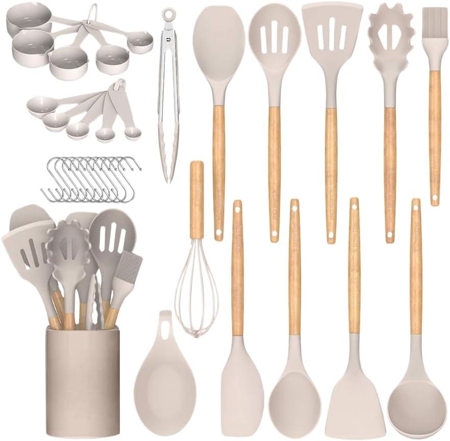 33 Pcs Silicone Kitchen Utensils Set, Khaki Kitchen Cooking Utensils Set with Natural Hard Wood Handle, Silicone Utensils Set with Holder, Heat Resistant, BPA Free, Non Toxic
