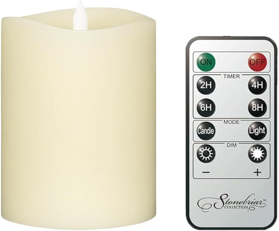 Stonebriar Flameless LED 3"x 4" off-White Real Wax Pillar Candle with Timer and Remote, 6 Pack