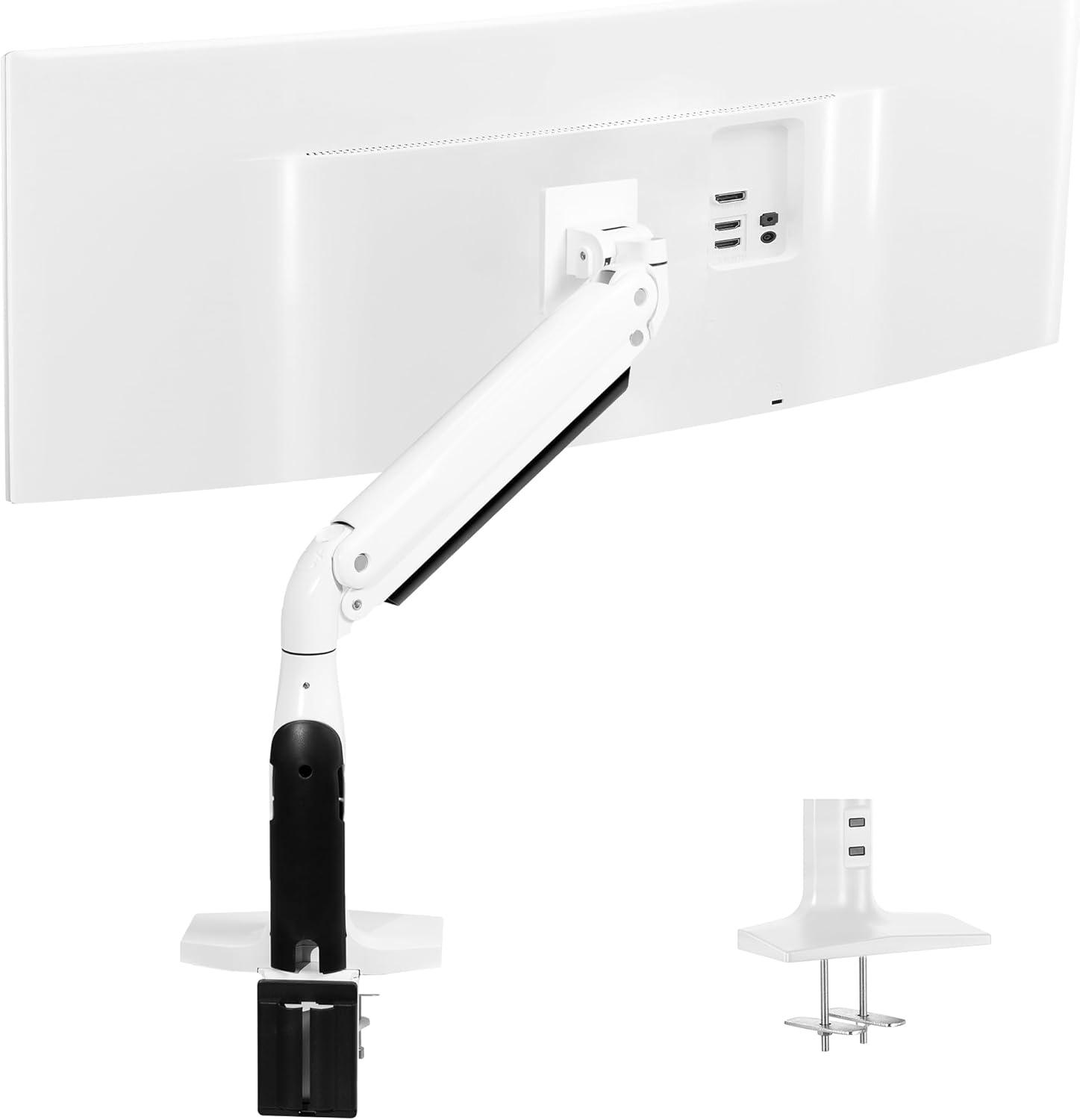 White Aluminum Ultrawide Monitor Desk Mount with Pneumatic Arm