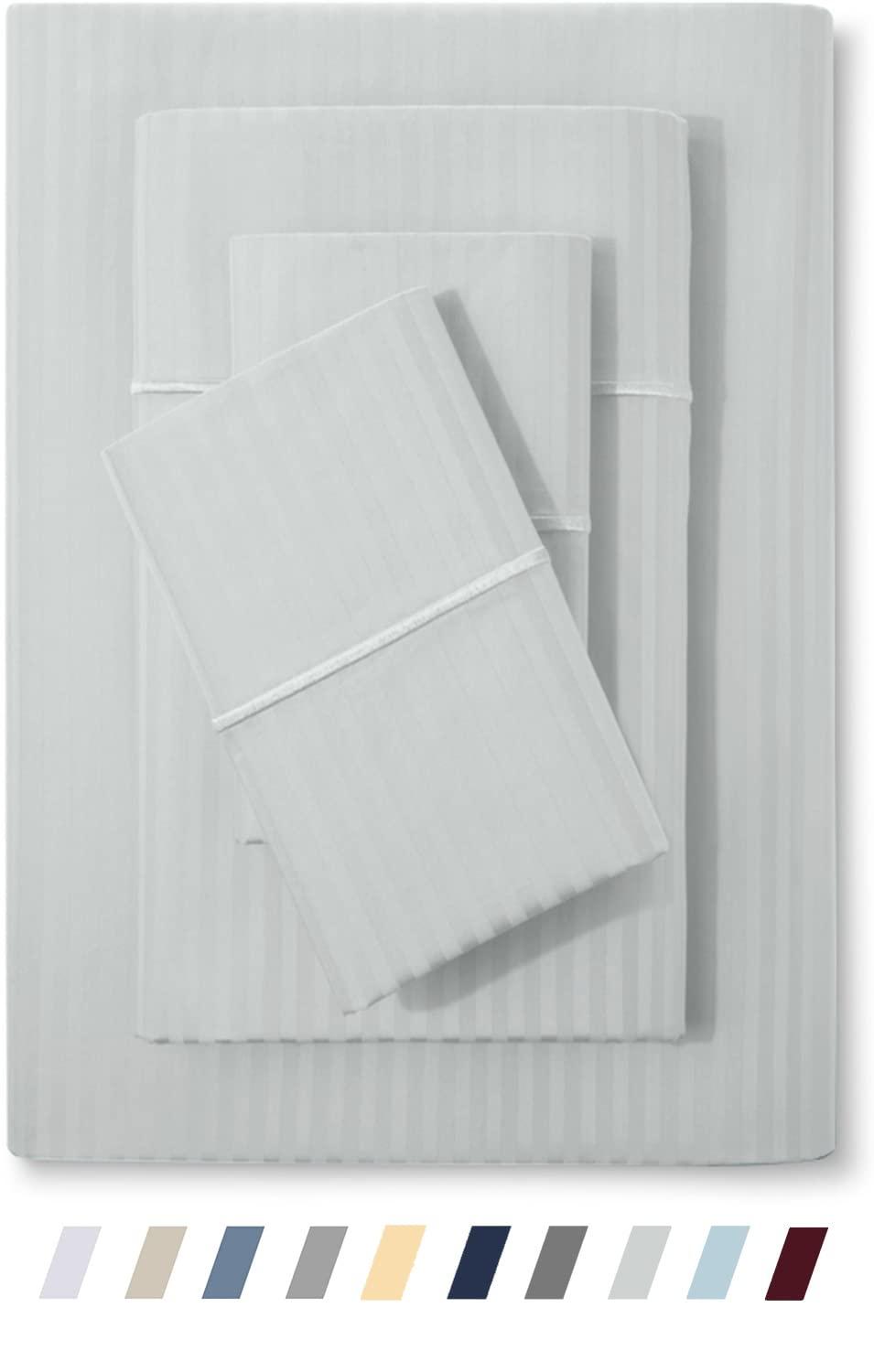 Feather & Stitch 500 TC Full Size Damask Bed Sheet Set, 100% Cotton Soft Breathable Bedsheets, 4 Piece 18" Deep Pockets Sateen Weave Striped Bedding Mattress Resort Hotel Luxury- (Blue Blush, Full)