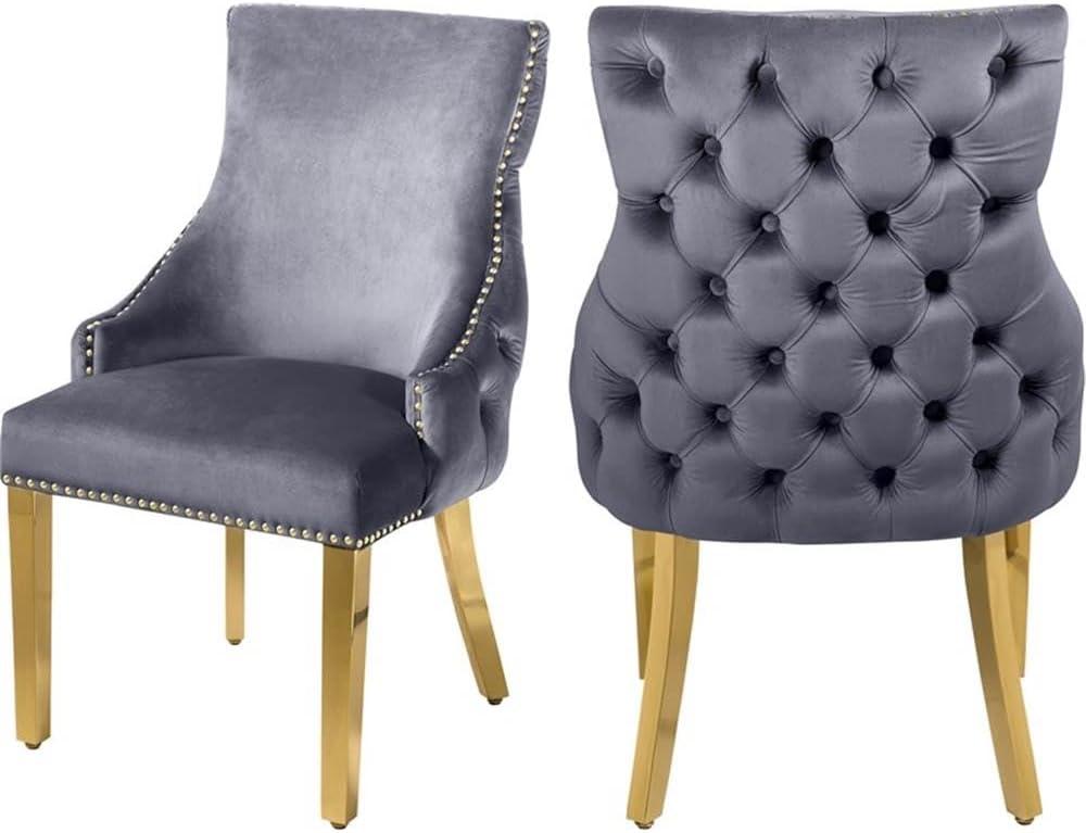 Meridian Furniture Tuft Gray Velvet Dining Chair in Gold Finish (Set of 2)