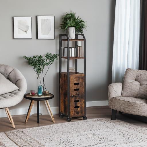 Rustic Brown and Black Bathroom Storage Cabinet with Wheels