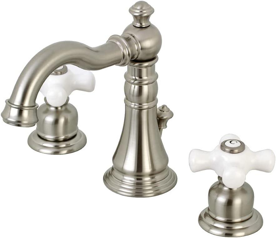 Kingston Brass American Classic Two-Handle 3-Hole Deck Mount Widespread Bathroom Faucet with Pop-Up Drain