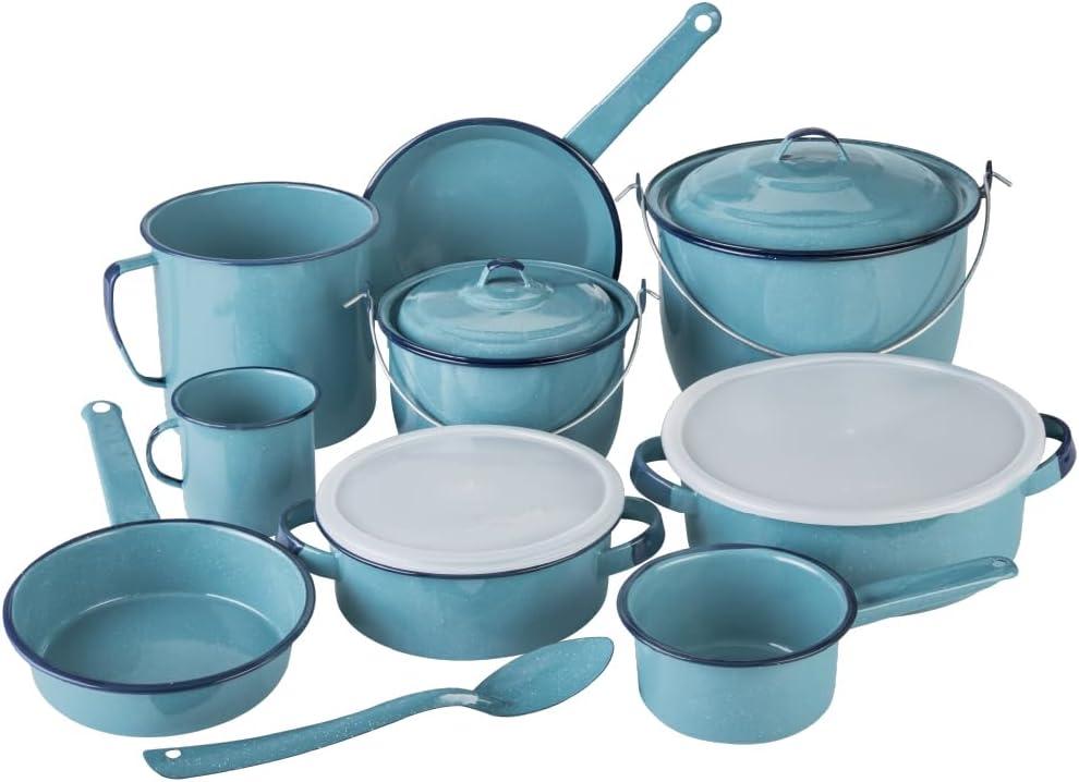 Cinsa 14-Piece Enameled Steel Cookware Set, Turquoise Blue