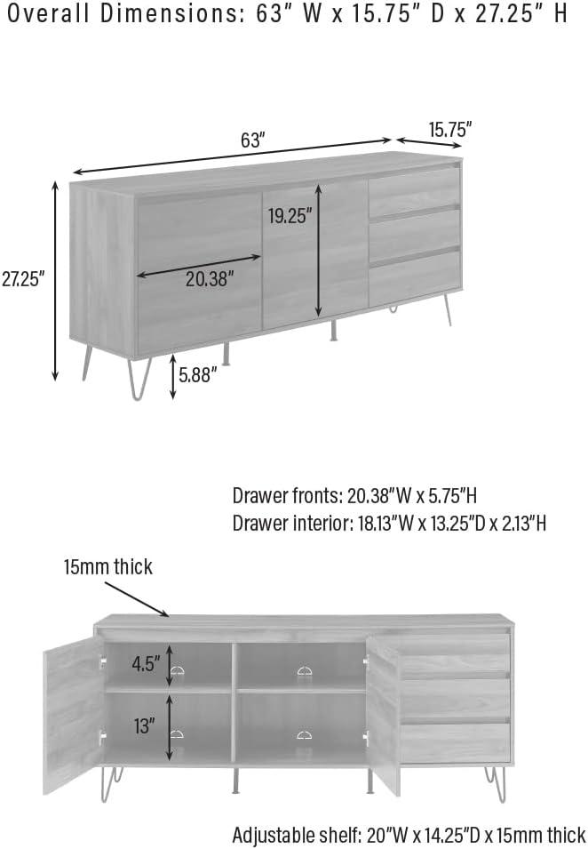 Crosley Teagan Record Storage Sideboard Brown Oak: Low Credenza, Buffet Console, Kitchen Cabinet