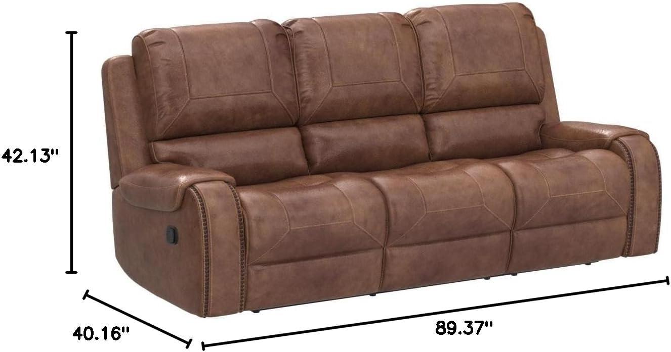 Roundhill Furniture Achern Brown Leather Nailhead Manual Reclining Sofa with Storage Console and USB Port