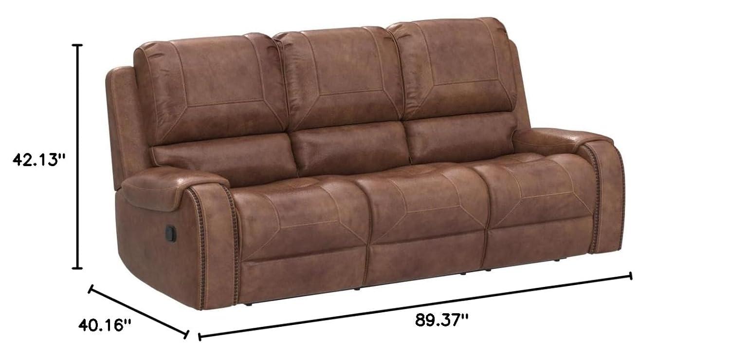 Roundhill Furniture Achern Brown Leather Nailhead Manual Reclining Sofa with Storage Console and USB Port