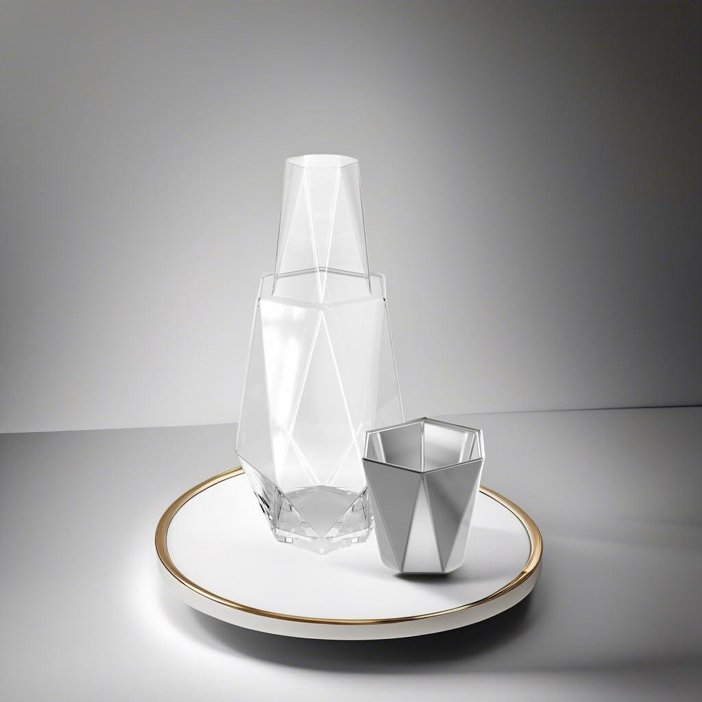 Fifth Avenue Crystal Geometric Bedside Night Water Carafe and Tumbler Lid, 2-Piece,Silver