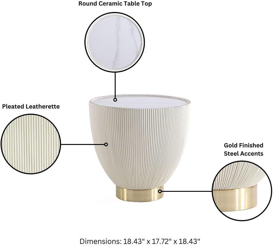 Manhattan Comfort Set of 2 Anderson Leatherette End Tables with Faux Marble Tabletop Cream: Round, No Assembly, Modern Style
