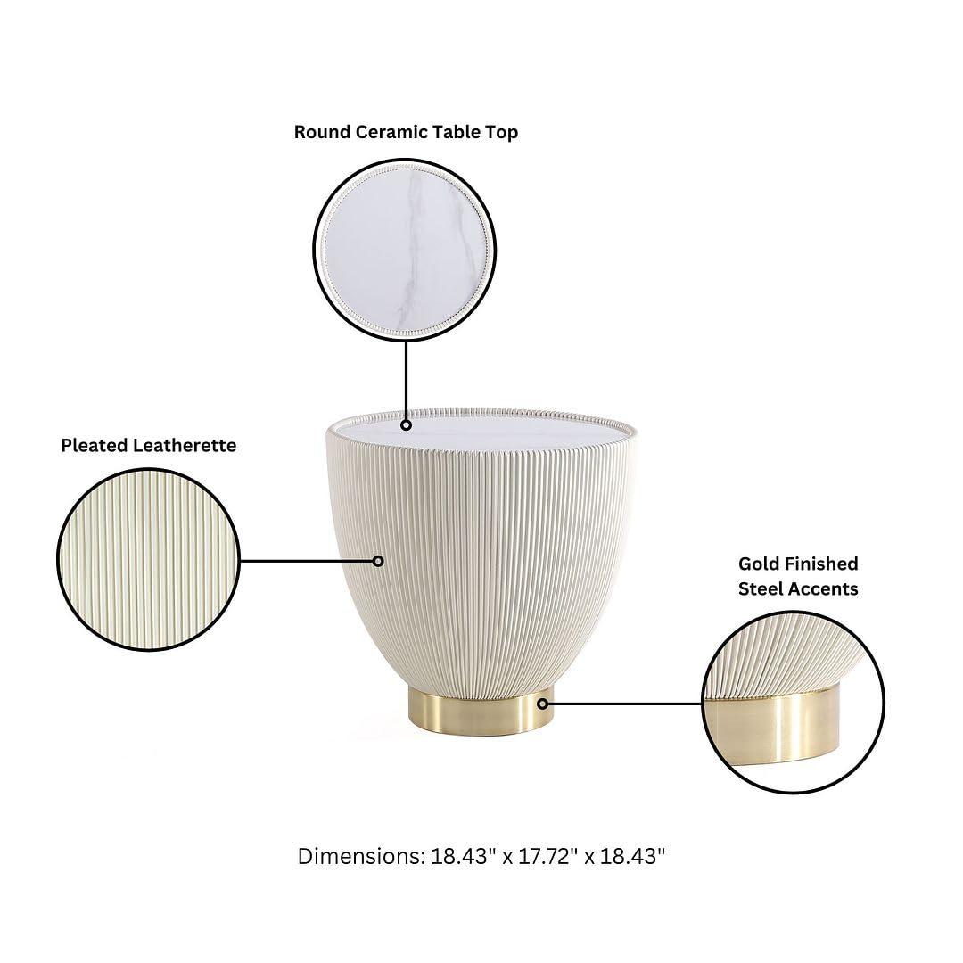 Manhattan Comfort Anderson Modern Leatherette Upholstered End Table with Ceramic Faux Marble Tabletop Cream: Round, No Assembly, Stainless Steel Frame