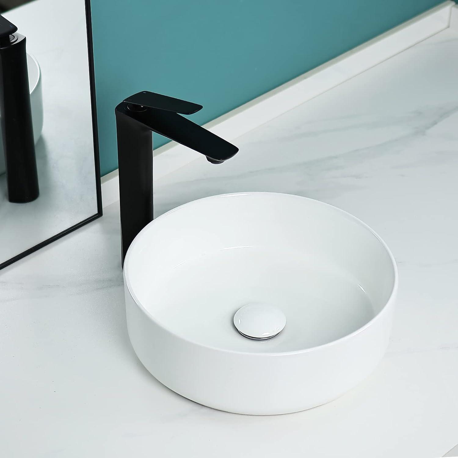 14'' Round White Ceramic Above-Counter Vessel Sink with Pop-Up Drain