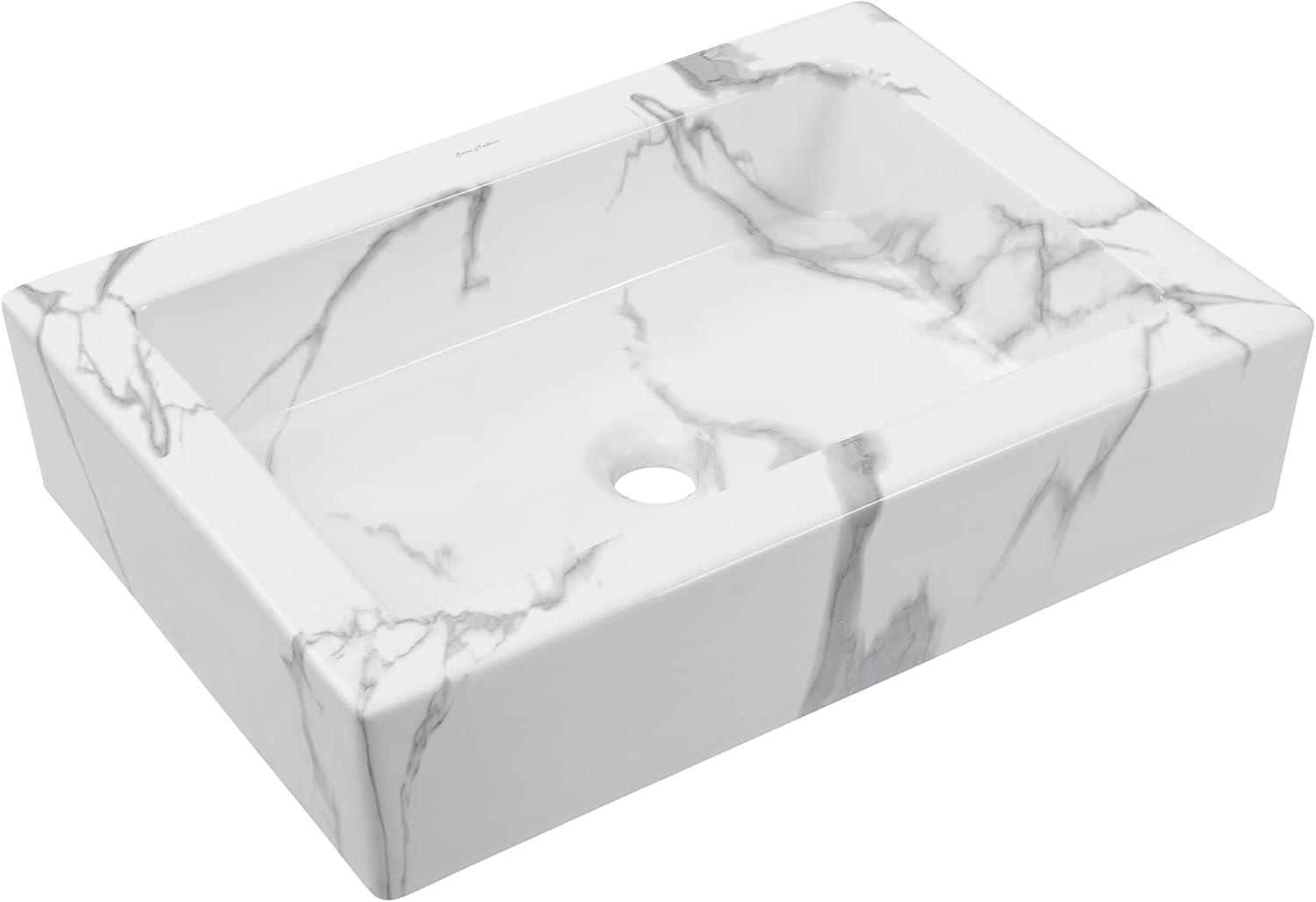 Voltaire 22" Ceramic Vessel Bathroom Sink in White Marble