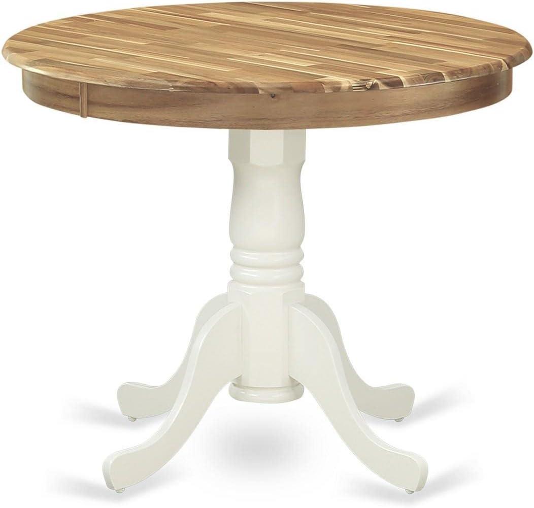 36 in. Antique Round Acacia Wood Dining Table with Linen White Pedestal