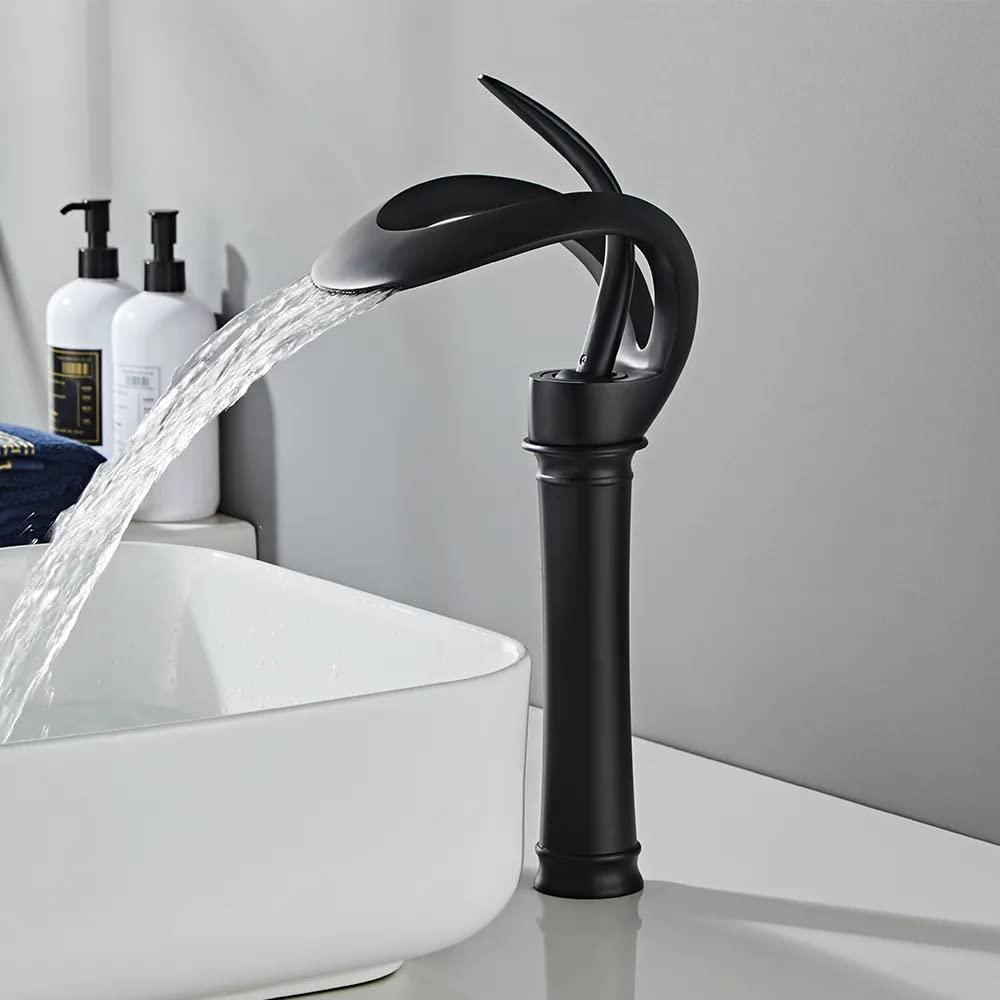 Tall Black Brass Waterfall Single Handle Bathroom Faucet