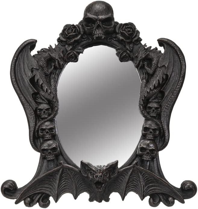 Gothic Black Resin Mirror with Skulls, Roses, and Bats
