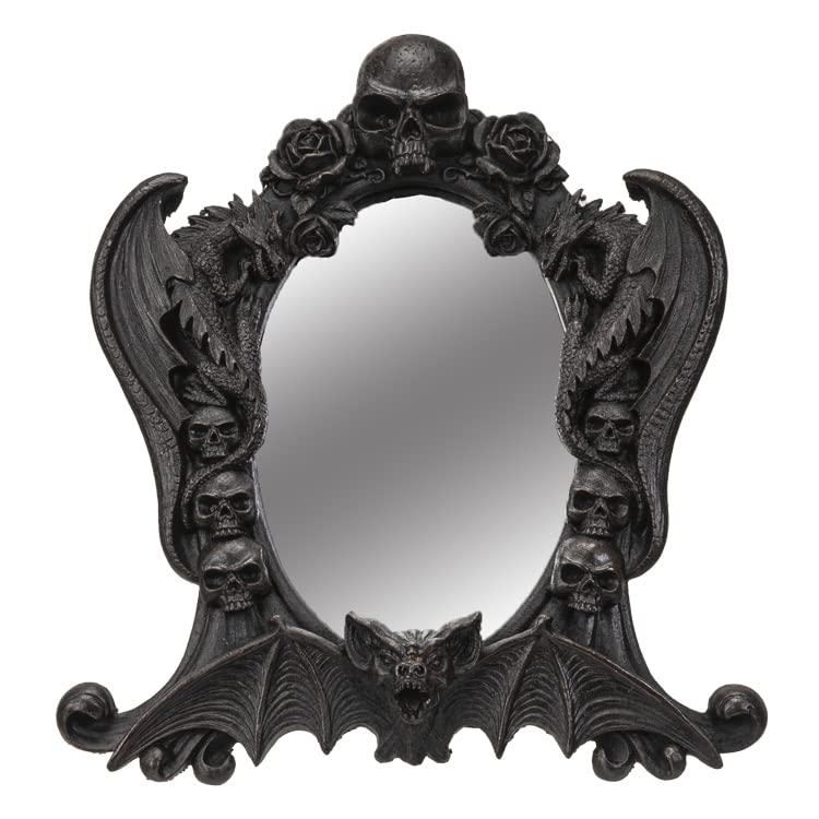 Gothic Black Resin Mirror with Skulls, Roses, and Bats