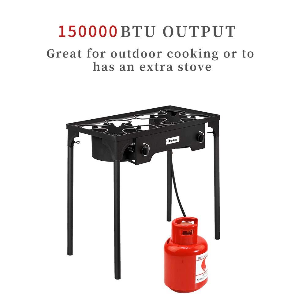 Hassch Outdoor Camp Stove Propane Gas Cooker Portable Cast Iron Patio Cooking Burner (Double Burner 150000-BTU), Black