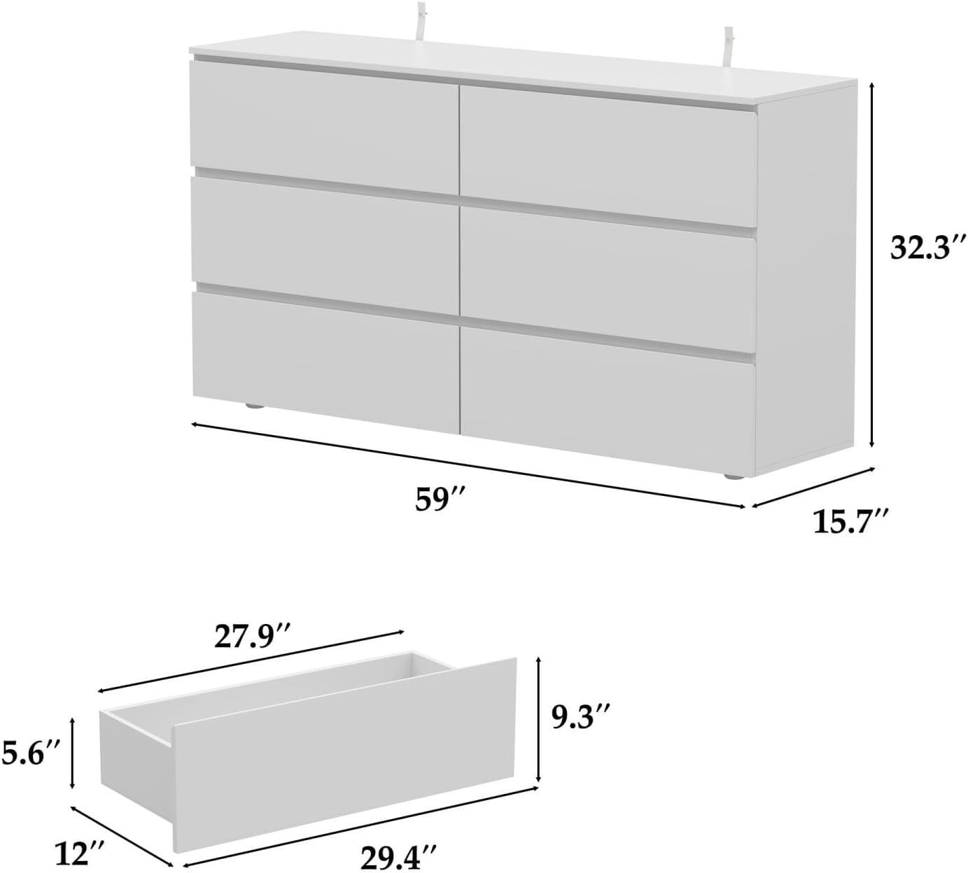 YYAo Particle Board 6 Drawer Dresser, Large Modern Chest of 6 Drawers Night Table, Storage Cabinet for Bedroom, Closet, Living Room, White