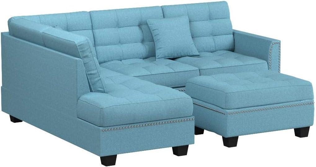 Bobkona Adolph Reversible Sectional Set with Ottoman in Light Blue.