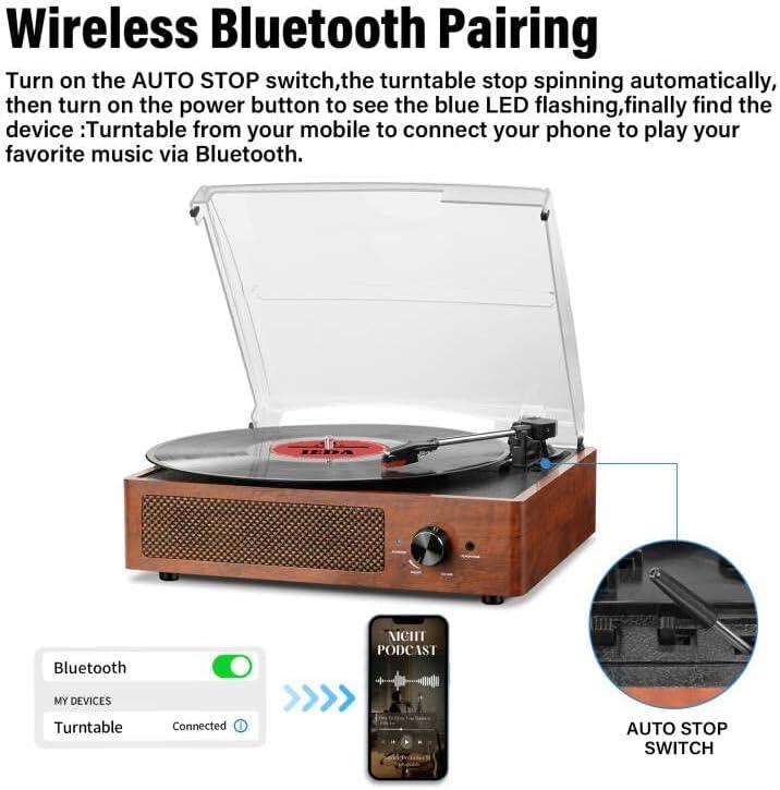 Record Players Vintage Turntable for Vinyl Records with Speakers Belt-Driven Turntables Support 3-Speed, Bluetooth Wireless Playback, Headphone, AUX-in, RCA Line LP Vinyl Players