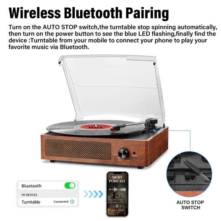 Record Players Vintage Turntable for Vinyl Records with Speakers Belt-Driven Turntables Support 3-Speed, Bluetooth Wireless Playback, Headphone, AUX-in, RCA Line LP Vinyl Players