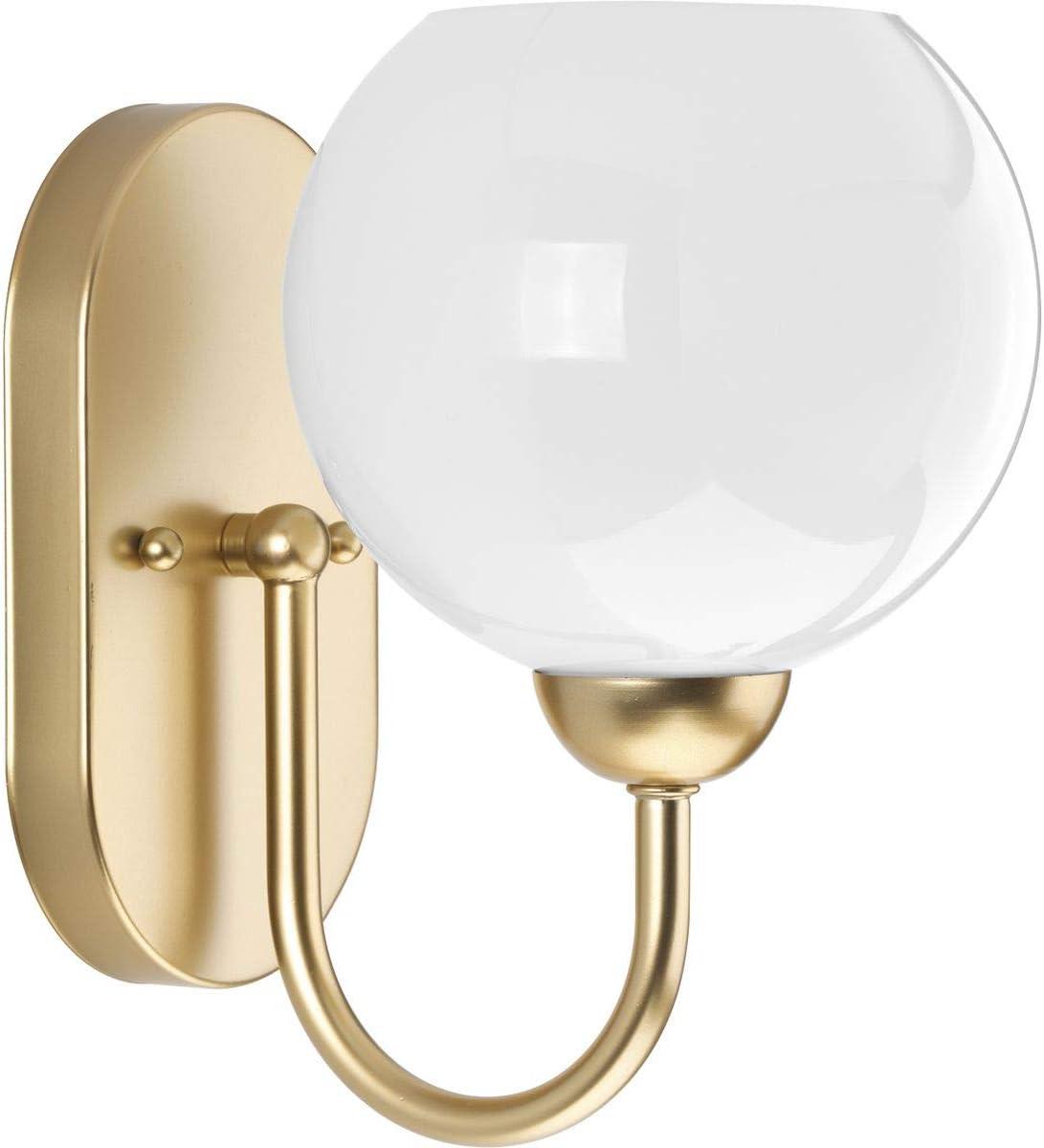 Progress Lighting Carisa 1-Light Bath Wall Light, Vintage Gold, White Glass Globe Shade