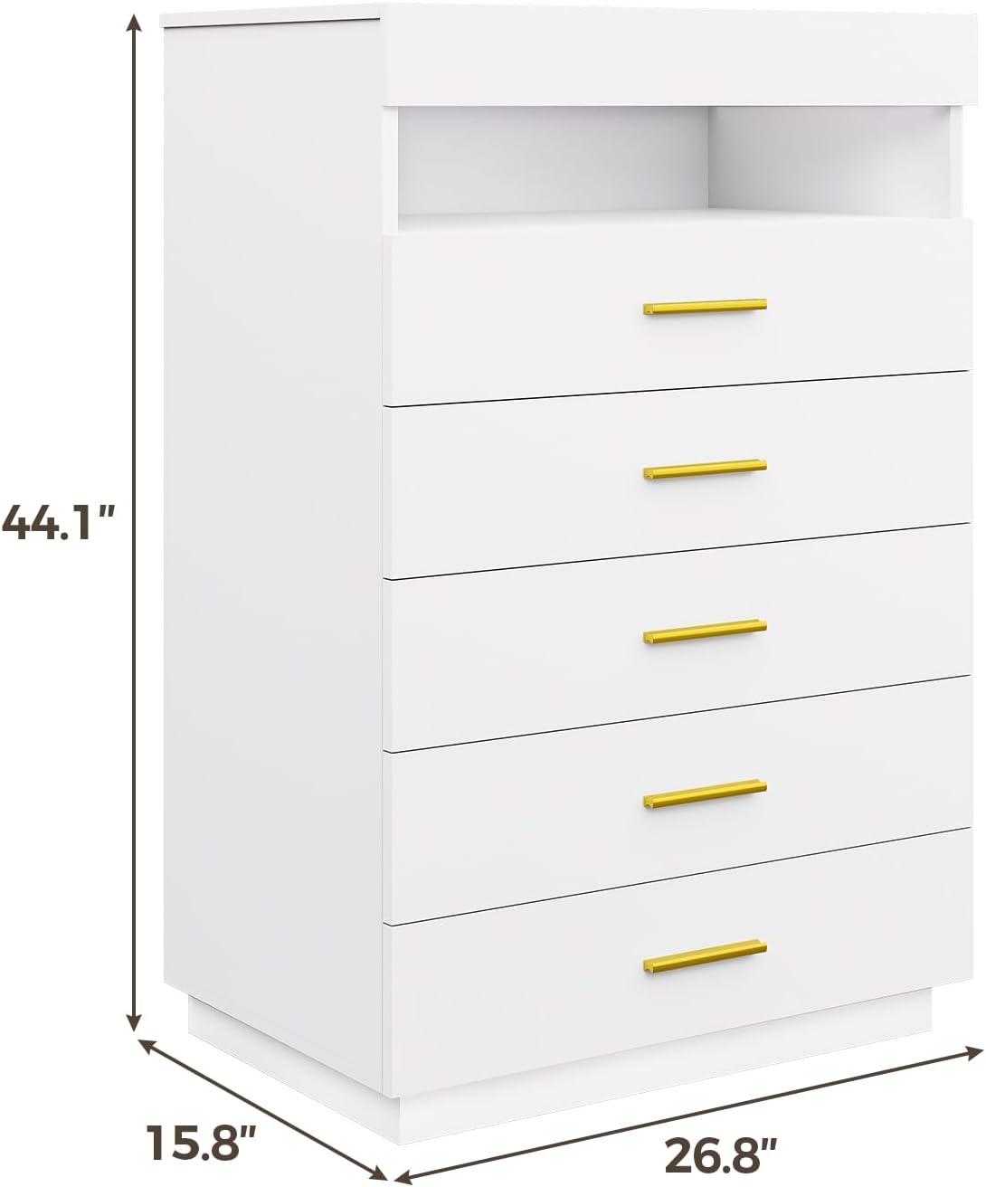 4 Drawer Dresser with LED Lights&Pull Out Tray, Tall Floating Chest of Drawers with Open Storage for Bedroom Living Room, White