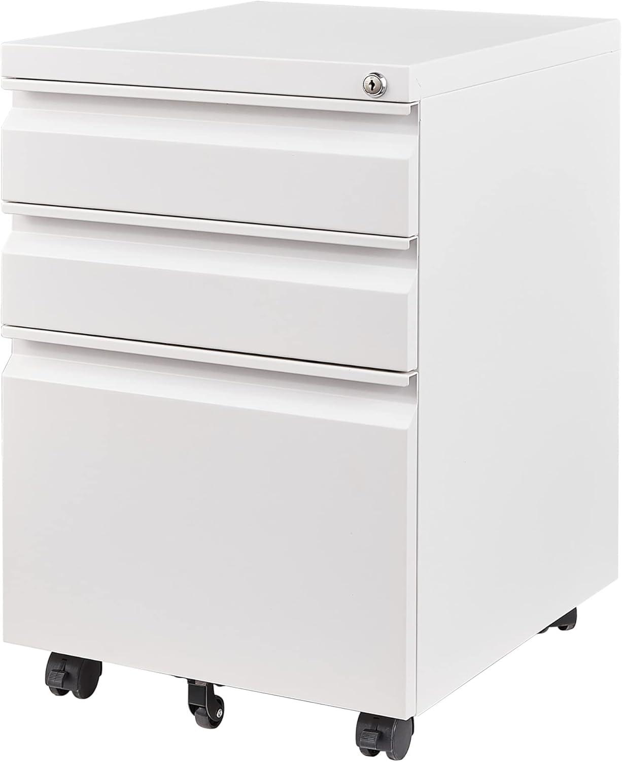3 Drawer Mobile File Cabinet with Lock, Rolling File Cabinets for Home Office, Under Desk Small File Caninet on wheels, Metal Vertical White Filing Cabnet for Legal/Letter/A4 - Assembly Required