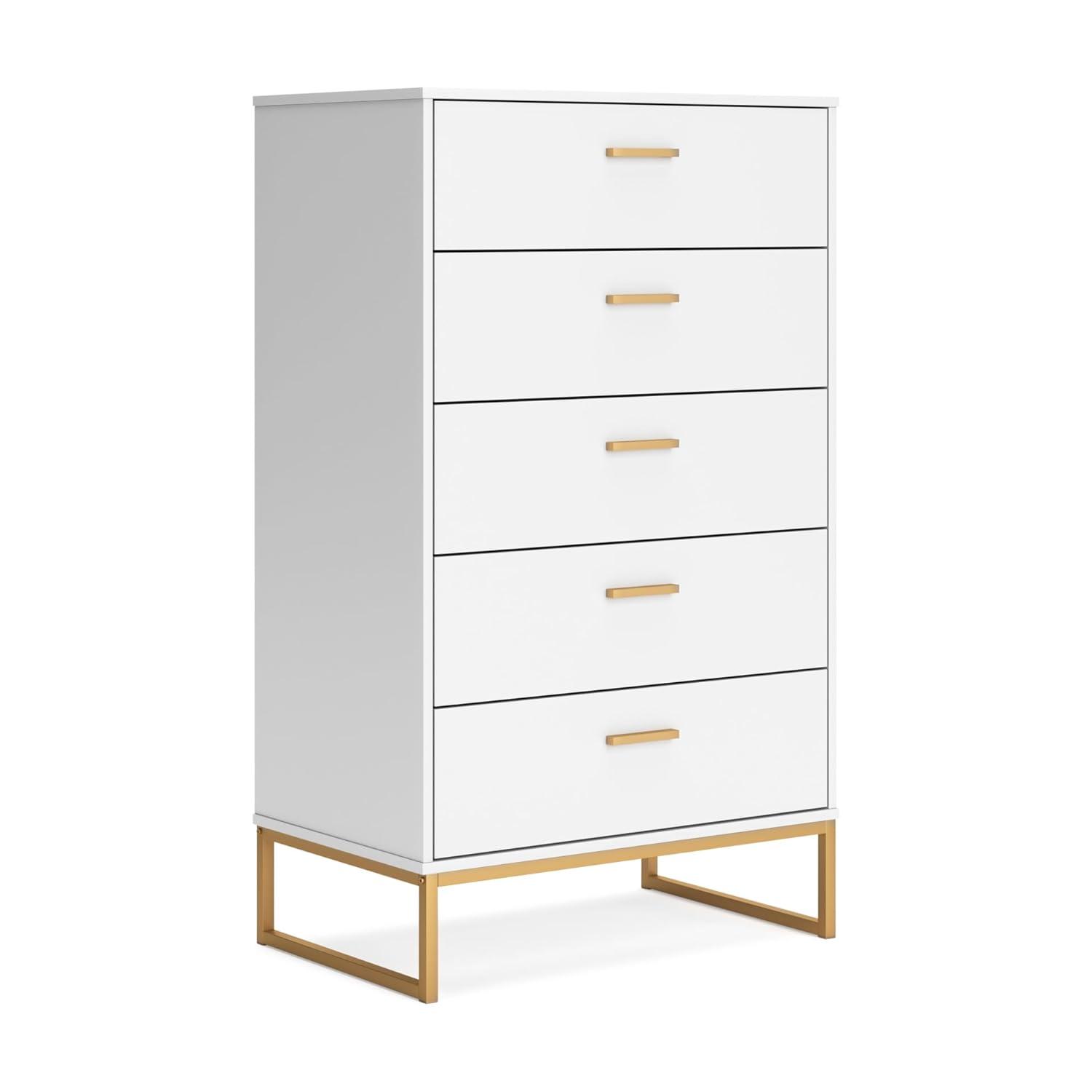 Signature Design by Ashley Socalle 5 Drawer Tall Dresser, White/Gold