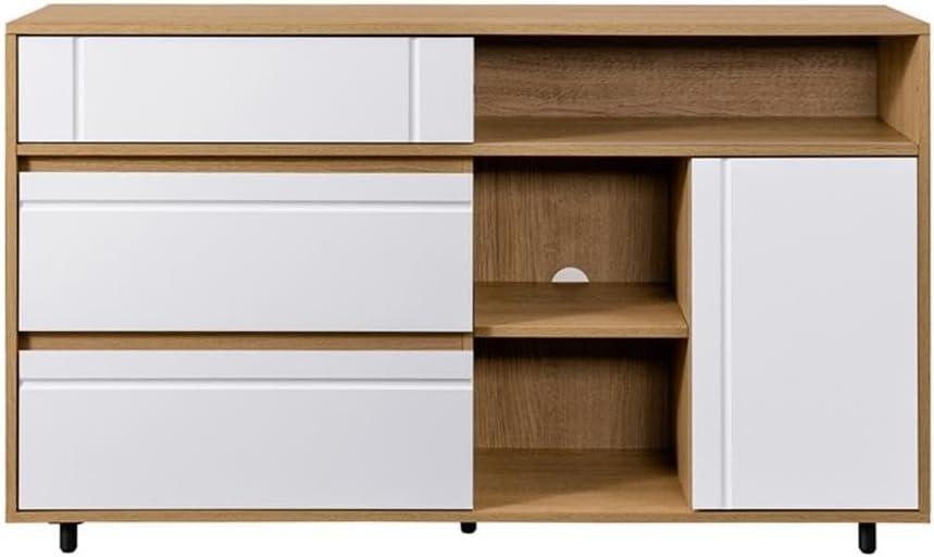 Walker Edison 52” Contemporary 3-Cubby 2-Drawer Storage Sideboard, Coastal Oak/Solid White