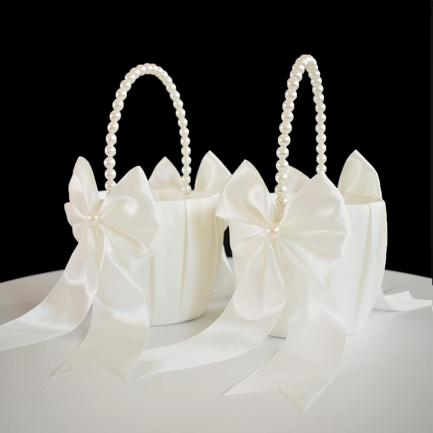 Ivory Satin Flower Girl Baskets Set with Bows, 2 Pieces