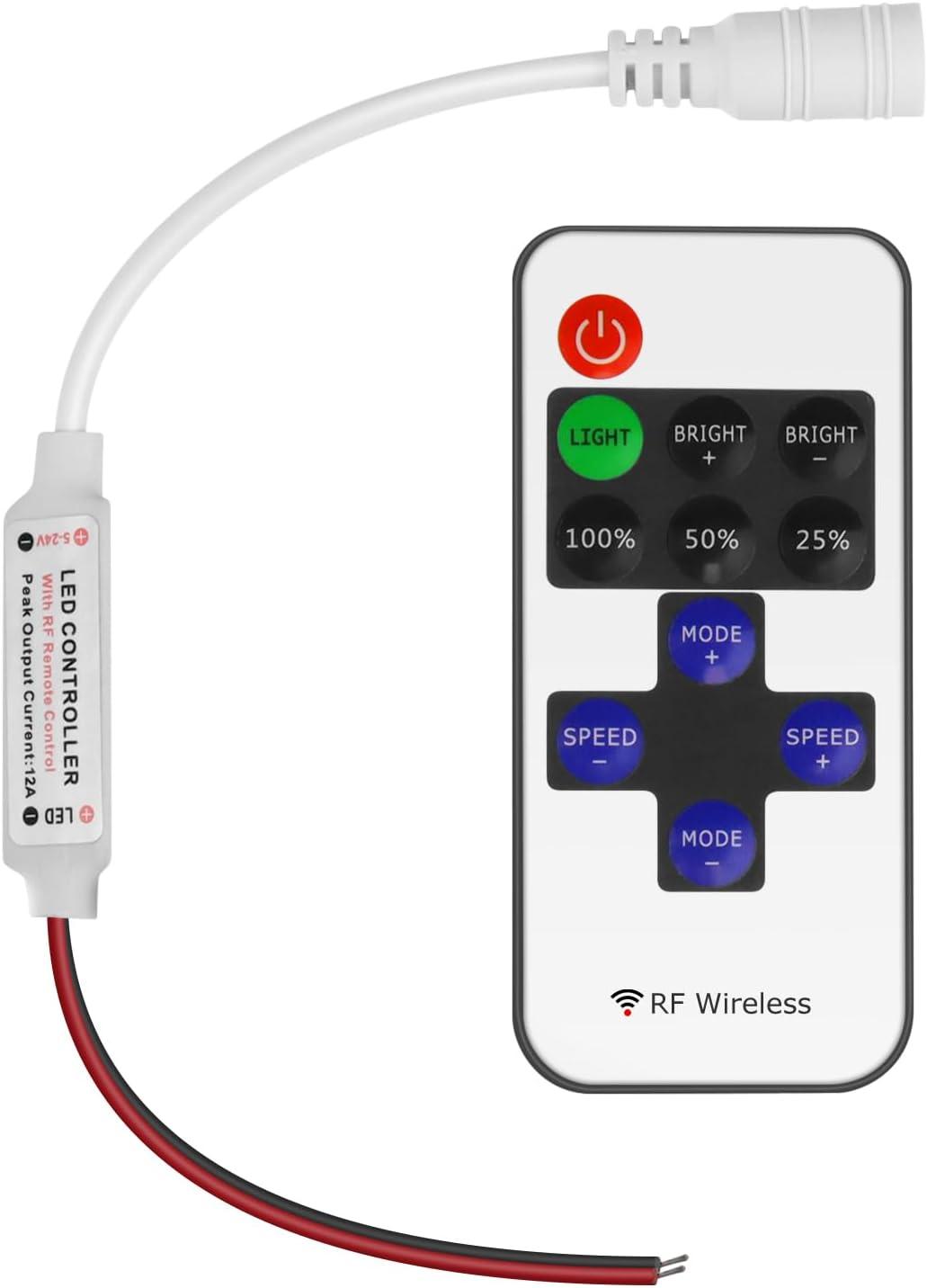 RF Mini Wireless Remote Controller for Single Color 3528 5050 LED Strip Lights, Wireless Remote Control with White DC Connector, RF Dimmer for 12V DC LED Ribbon, Shelf Lights