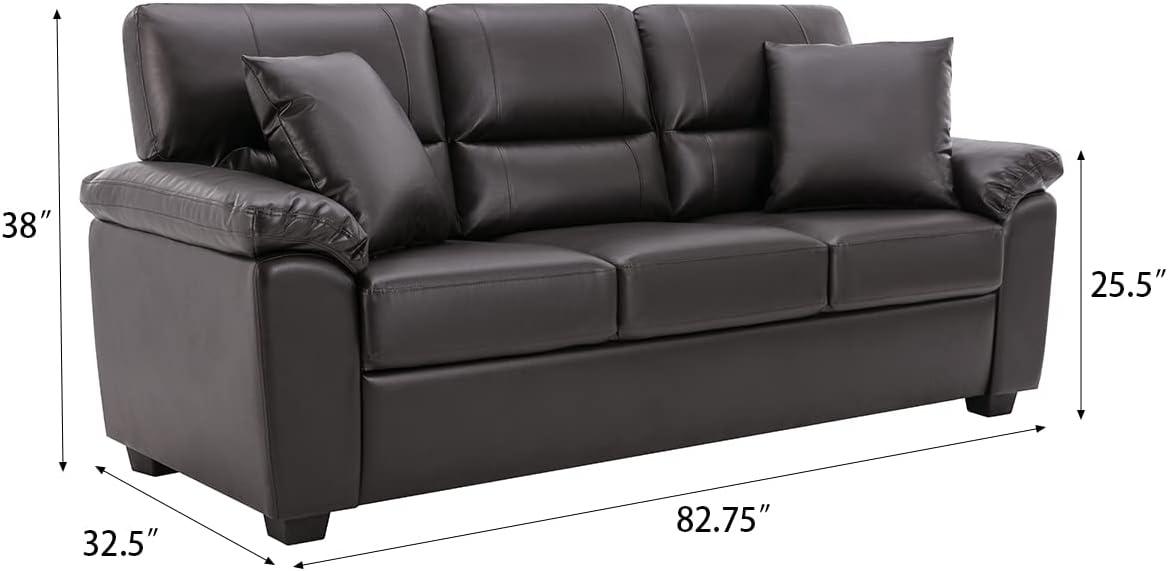 Chocolate Faux Leather Three-Seater Sofa with Removable Cushions