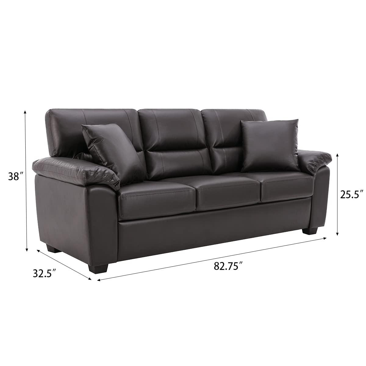Chocolate Faux Leather Three-Seater Sofa with Removable Cushions