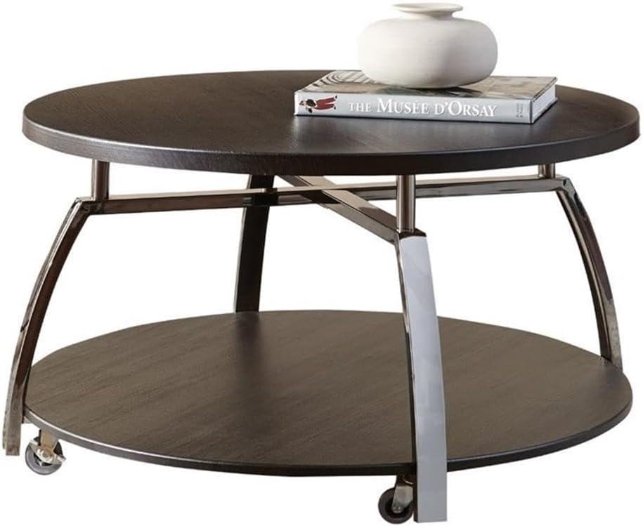 Round Black Nickel and Wood Coffee Table with Casters