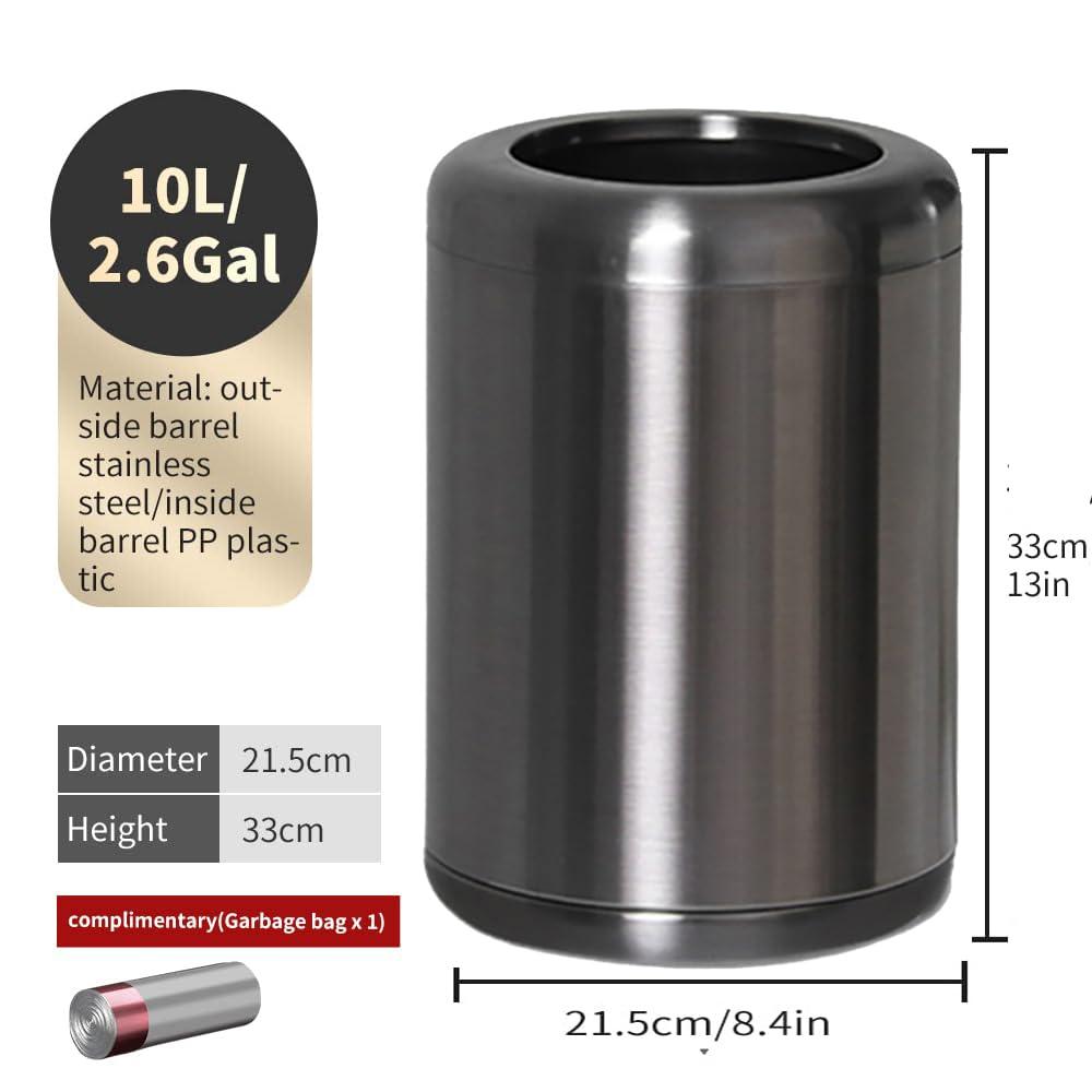 10L/2.6Gal Brushed Stainless Steel Trash can,Open Top Wastebasket Bin,Garbage Can for Bathroom,Living Room,Office,Kitchen,Bedroom,Hotel (Black Gold)