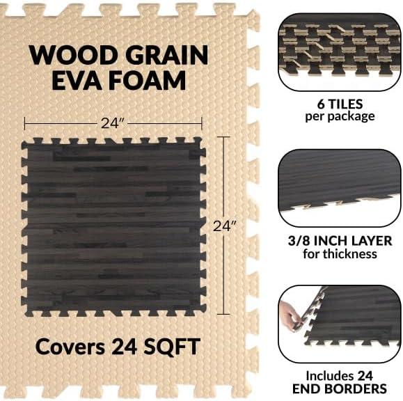 Stalwart EVA Foam Floor Tiles 6-Pack - 24 SQFT Woodgrain Puzzle Mats